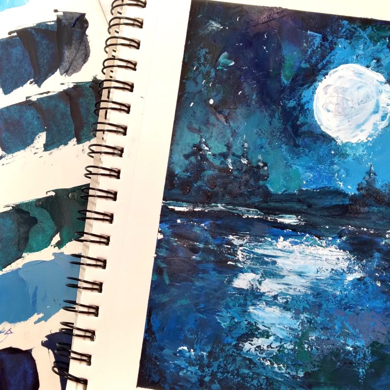 Palette de bleus et paysage nocturne peint avec une couleur vedette dans l'atelier Couleur vedette et ambiance.