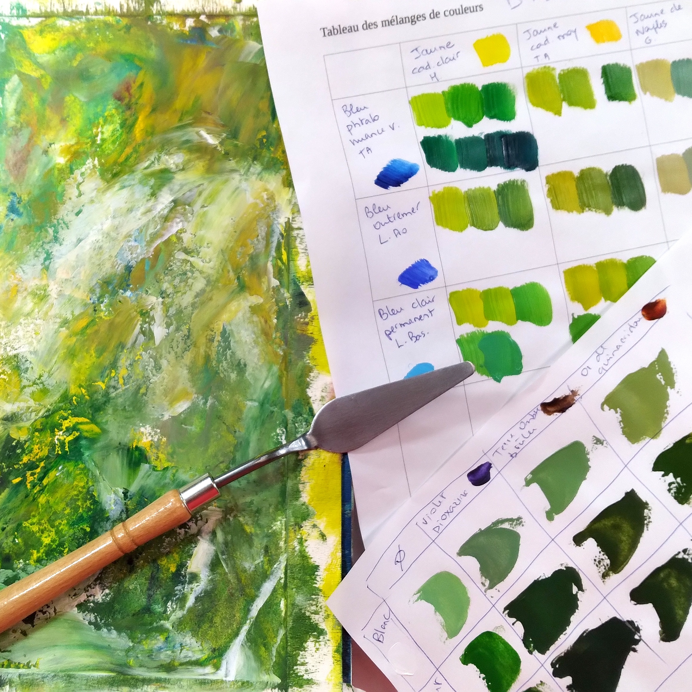 Palette de verts et peinture intuitive réalisée avec les couleurs mélangées dans l'atelier Création de vos couleurs.