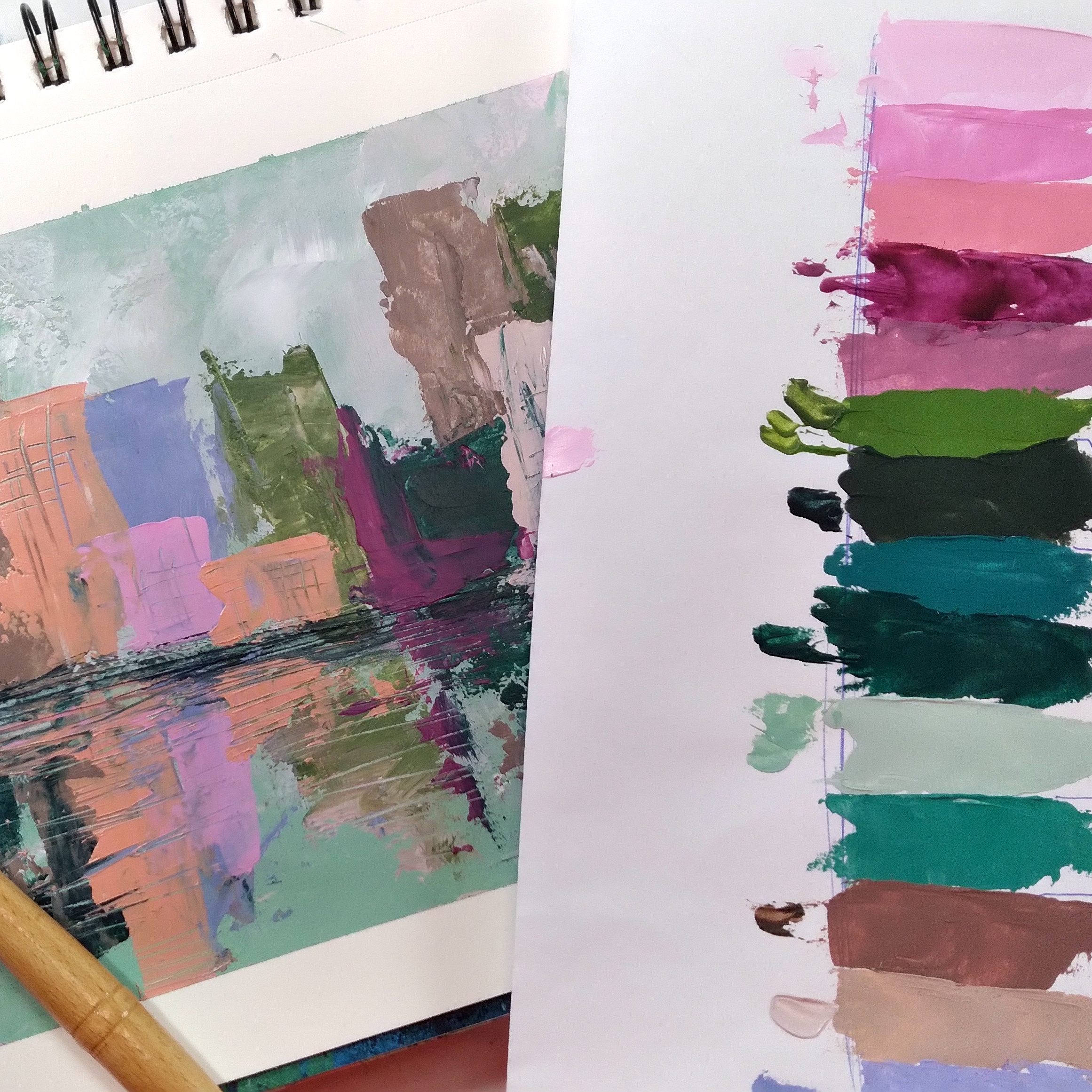 Palette de couleurs inspirée d'une rose et skyline peint en atelier de peinture Harmonies faciles.