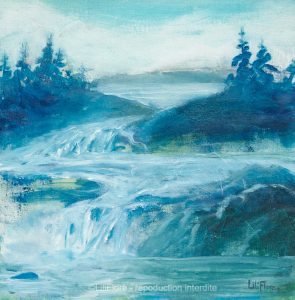Peinture acrylique représentant une rivière de façon semi-abstraite. Rivière du Québec avec des sapins et un lac au loin. Peinture de LiliFlore