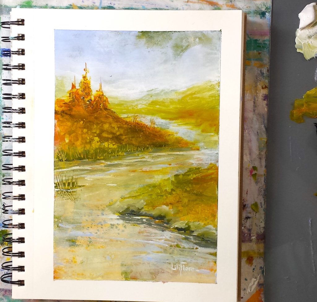 Peinture semi-abstraite représentant un paysage doux avec une ligne de montagnes, de l’eau et des reflets, créée à partir d’un fond texturé.