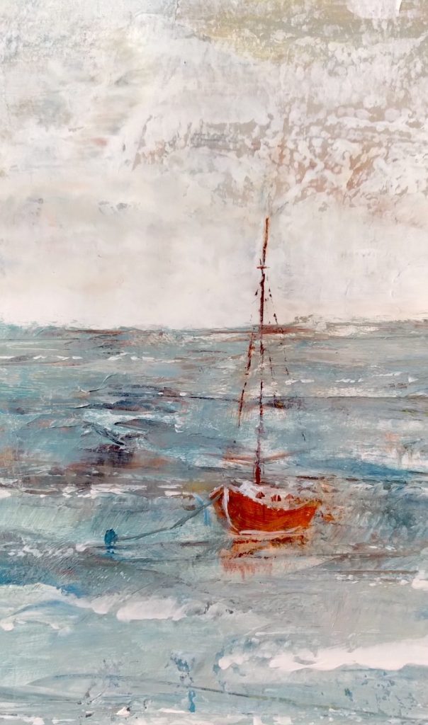 Peinture semi-abstraite d’un petit bateau sur l’eau, dans une atmosphère brumeuse et texturée.