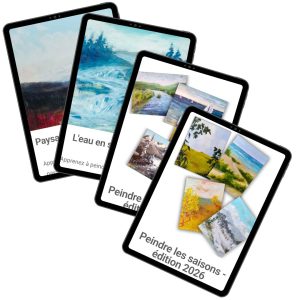 Montage de quatre tablettes présentant des formations de peinture autour des paysages semi-abstraits, incluant l’eau, les saisons et différents paysages naturels.