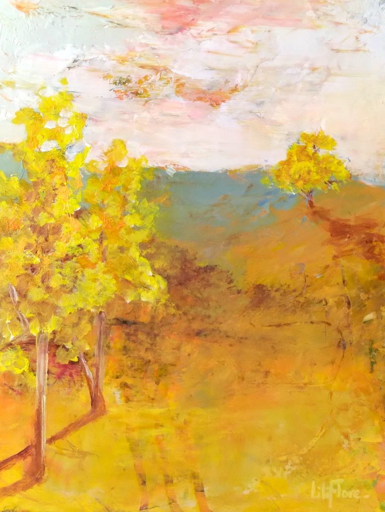 Peinture semi-abstraite d’un paysage d’automne avec arbres jaunes, collines dorées, ciel rosé et atmosphère lumineuse.