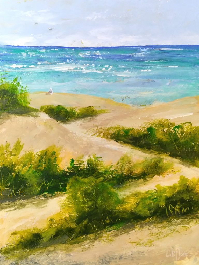 Peinture semi-abstraite d’un paysage d’été avec dunes de sable, végétation verte, mer turquoise et horizon bleu.