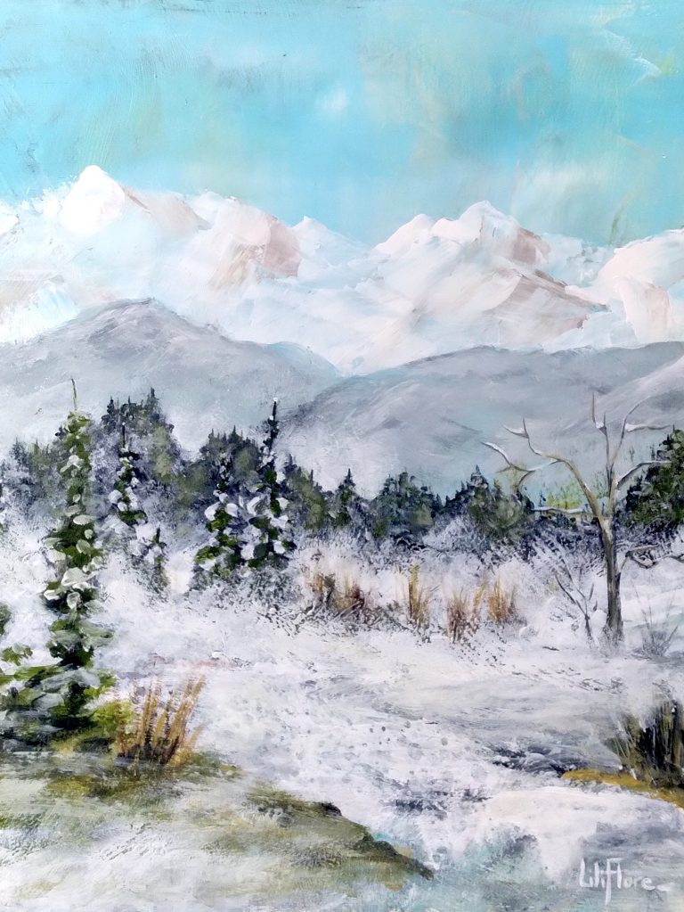 Peinture semi-abstraite d’un paysage d’hiver avec montagnes enneigées, sapins, neige, ciel bleu pâle et atmosphère froide et lumineuse.