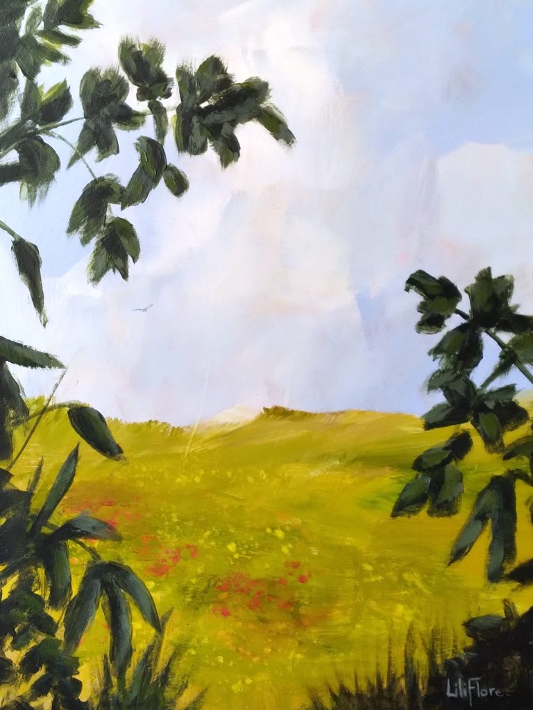 Peinture semi-abstraite d’un paysage de printemps avec prairie verte, feuillage foncé, ciel doux et touches de fleurs rouges.