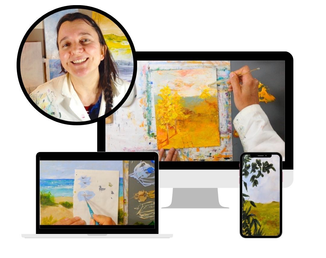 Montage présentant le programme Peindre les saisons 2026 avec LiliFlore, des vidéos de peinture sur ordinateur, tablette et téléphone, et des paysages semi-abstraits inspirés des saisons.