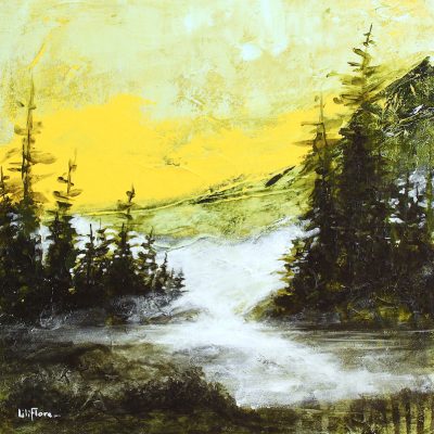 Image d'une toile de LiliFlore représentant une forêt abstraite avec de la lumière jaune en arrière et une rivière de brume qui s'avance.