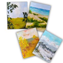 Montage de quatre peintures semi-abstraites inspirées des saisons : paysage vert printanier, bord de mer estival, paysage doré d’automne et montagne enneigée. Pour présenter le cours en ligne corrrespondant.
